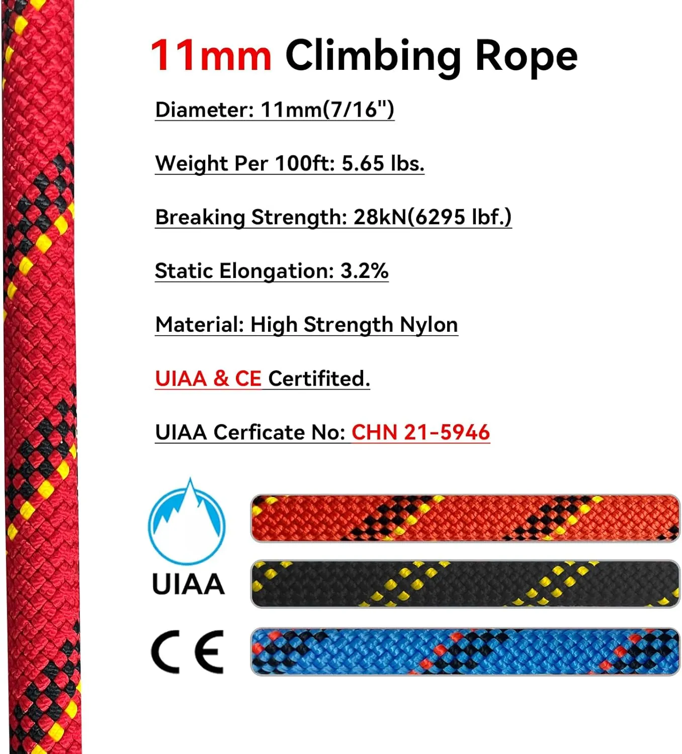 Static Climbing Rope 11mm UIAA Static Line Rappelling Rope 15M (50ft) Nylon Kern Mantle Rope for Escape Rope Rock Climbing, Mountain Tree Climbing, Hauling, Rescue