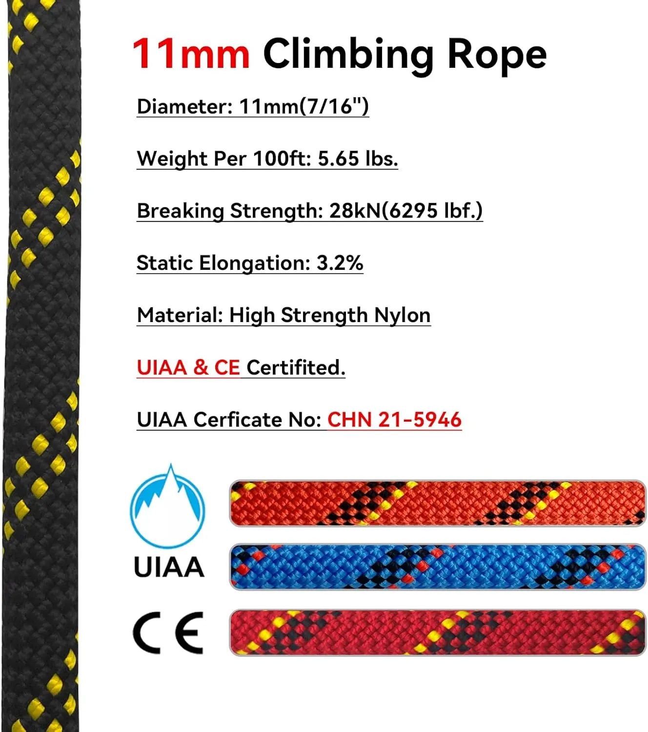 Static Climbing Rope 11mm UIAA Static Line Rappelling Rope 45M (150ft) Nylon Kern Mantle Rope for Escape Rope Rock Climbing, Mountain Tree Climbing, Hauling, Rescue