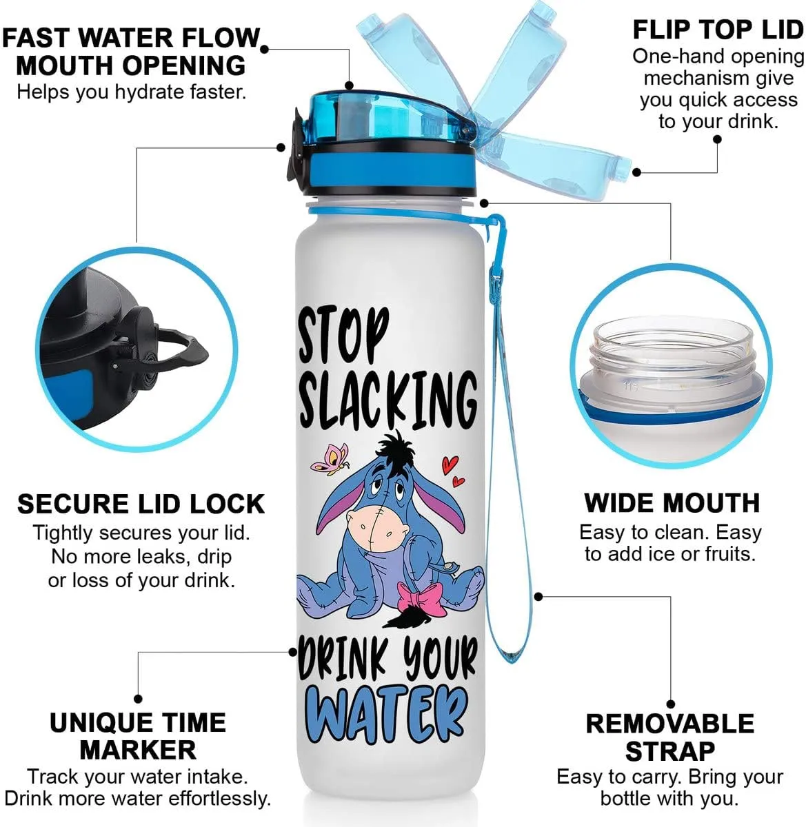 Stop Slacking Drink Your Water 32 Oz Water Track Bottle, Donkey Water Bottle With Time Marker, Movie Water Bottles, Motivational Insulated Water Bottle, Blue