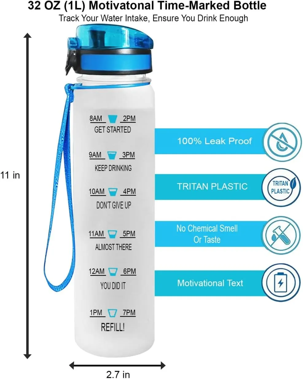 Stop Slacking Drink Your Water 32 Oz Water Track Bottle, Donkey Water Bottle With Time Marker, Movie Water Bottles, Motivational Insulated Water Bottle, Blue