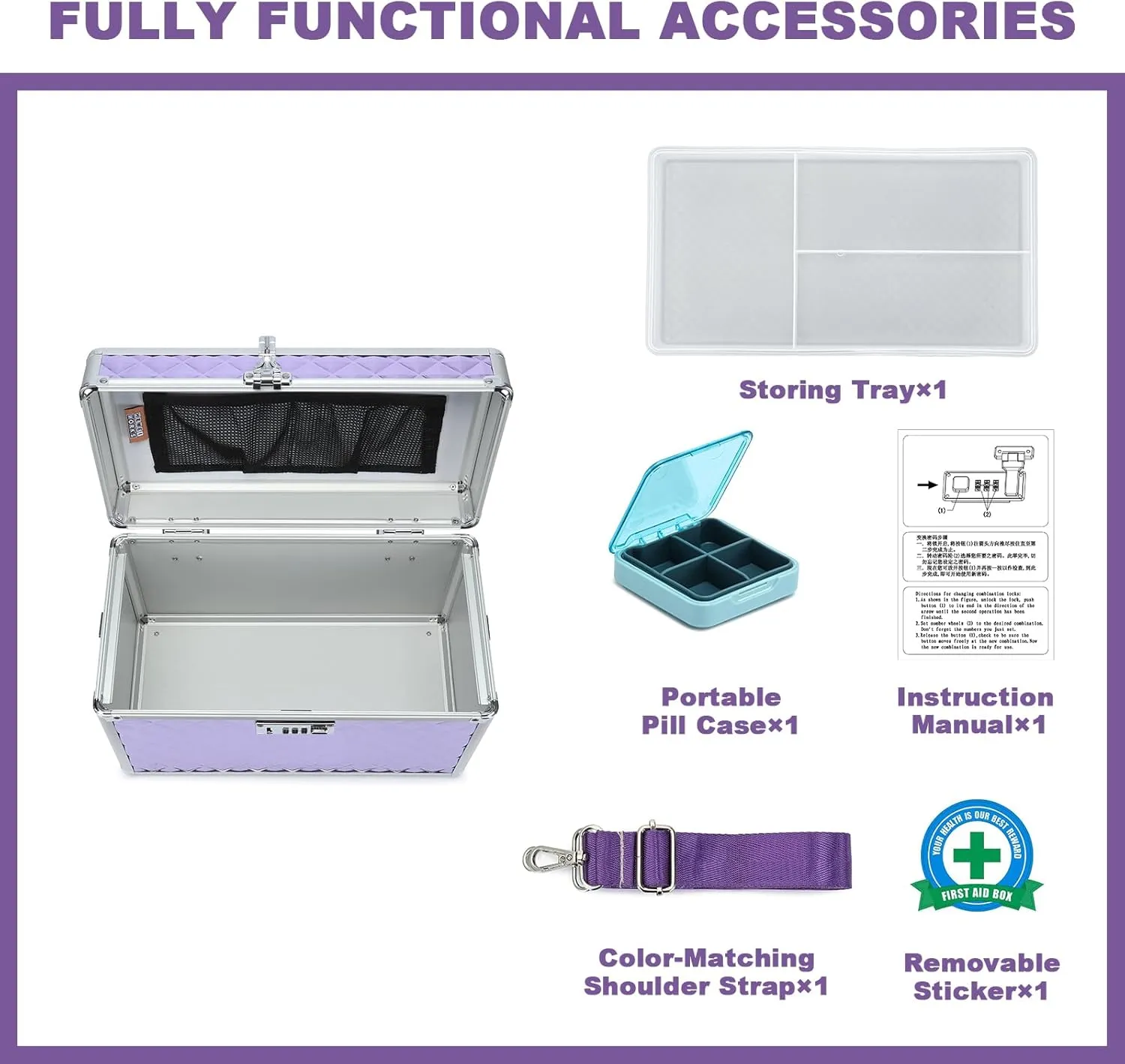 Storage Lock Box with Combination Lock, Lockable Medicine Storage Box, Empty First Aid Box, Security Lock Box, Multipurpose Locking Box for Home and Outdoor Use (Purple, Large)