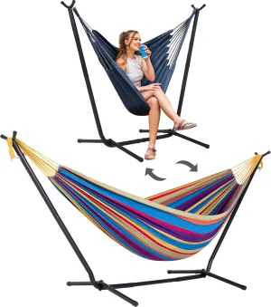 SUNCREAT 2-in-1 Convertible Backyard Fabric Hammock with Stand, Large Hammocks for Outside, Patent Pending, Purple Stripe
