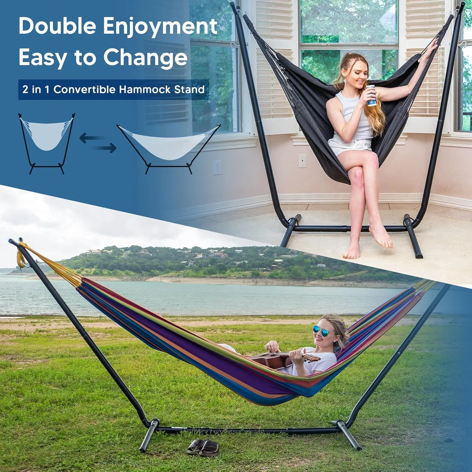 SUNCREAT 2-in-1 Convertible Backyard Fabric Hammock with Stand, Large Hammocks for Outside, Patent Pending, Purple Stripe