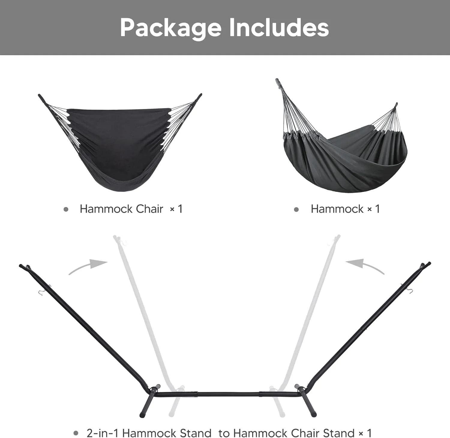 SUNCREAT 2-in-1 Hammocks Convertible Portable Double Hammock with Stand Included, Outdoor Hammock and Stand, Patent Pending, Dark Grey