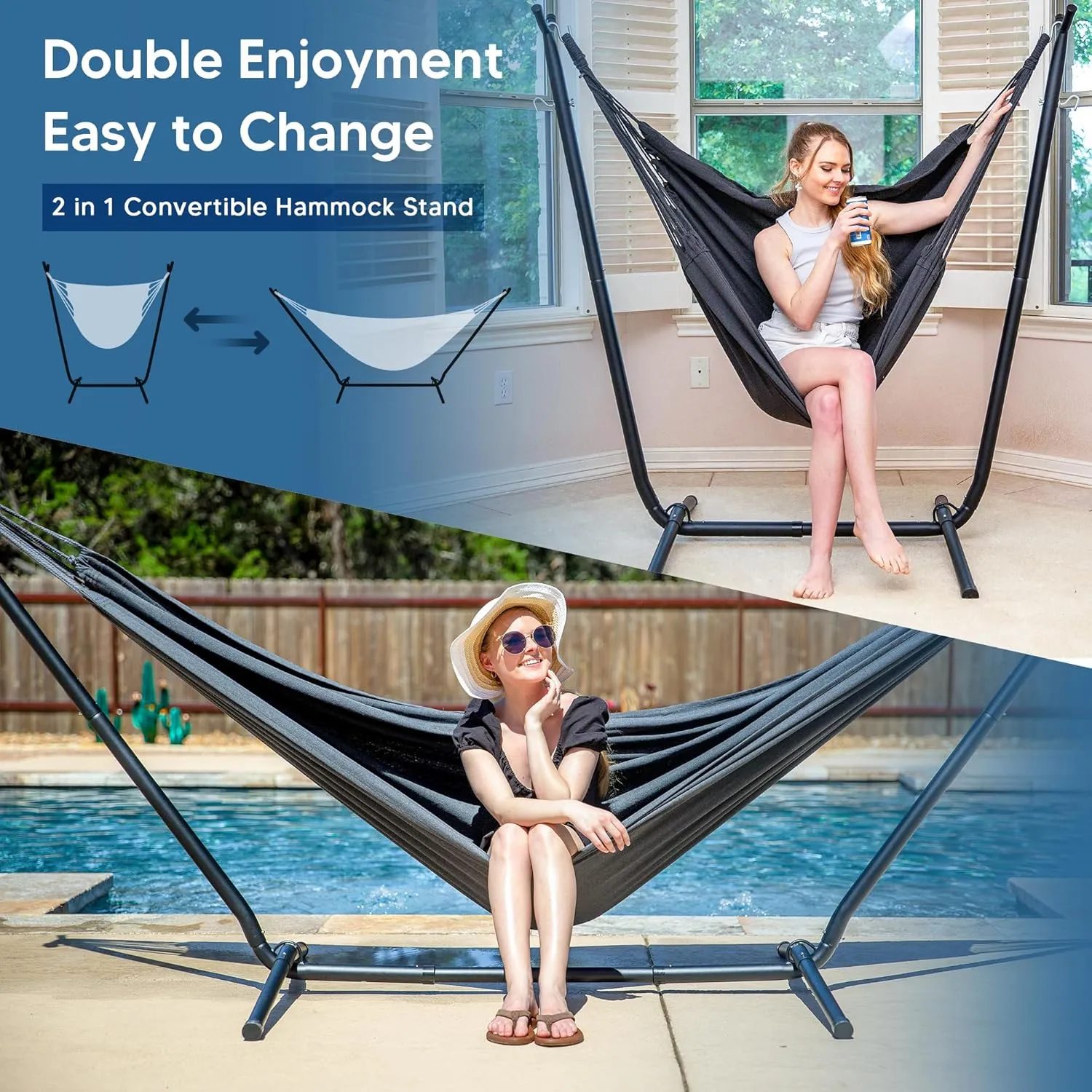 SUNCREAT 2-in-1 Hammocks Convertible Portable Double Hammock with Stand Included, Outdoor Hammock and Stand, Patent Pending, Dark Grey