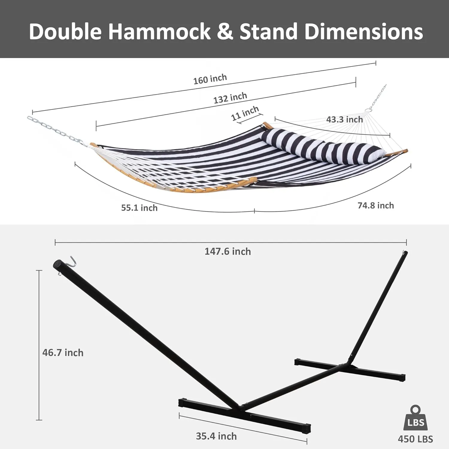 SUNCREAT Hammocks Extra Large Hammock with Stand Included, Double Hammock with Curved Spreader Bar, Black Stripes