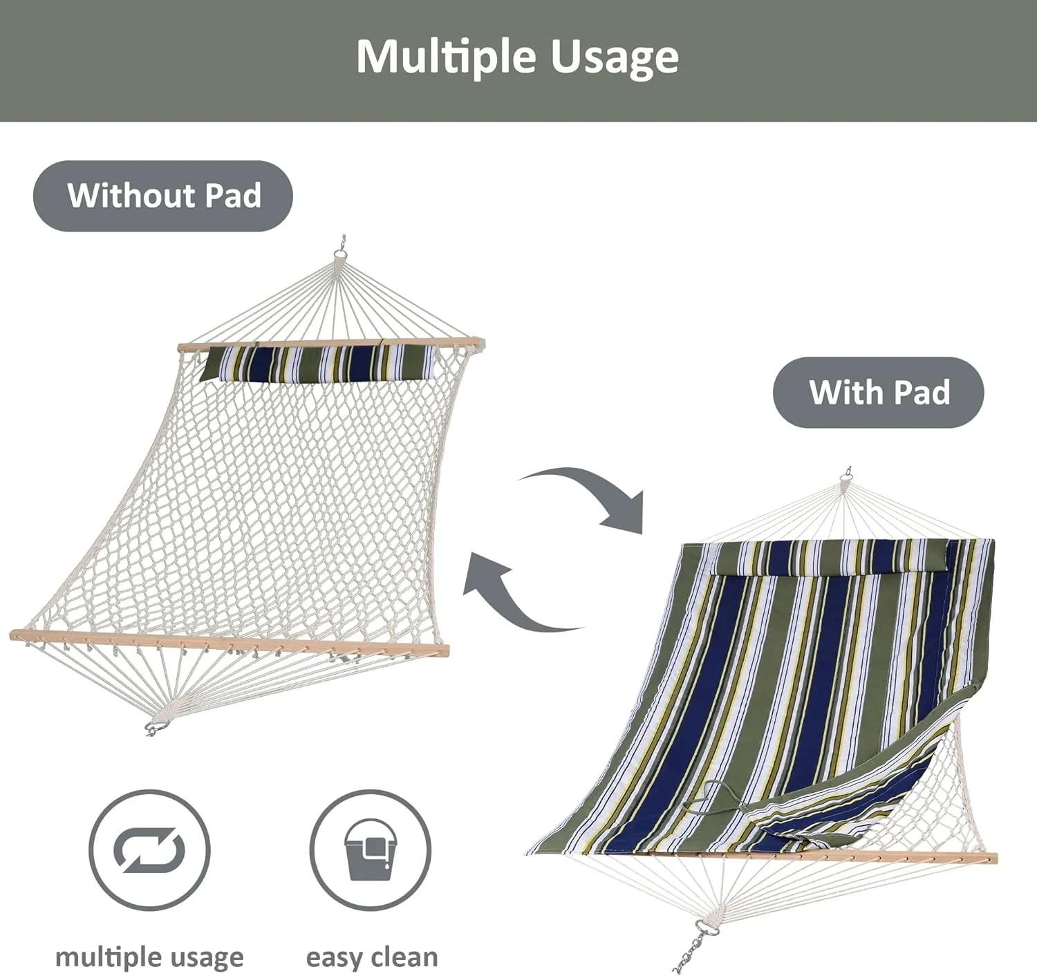 SUNCREAT Hammocks Outdoor Double Hammock with Hardwood Spreader Bar, Cotton Rope Hammock with Polyester Pad, Blue&Aqua