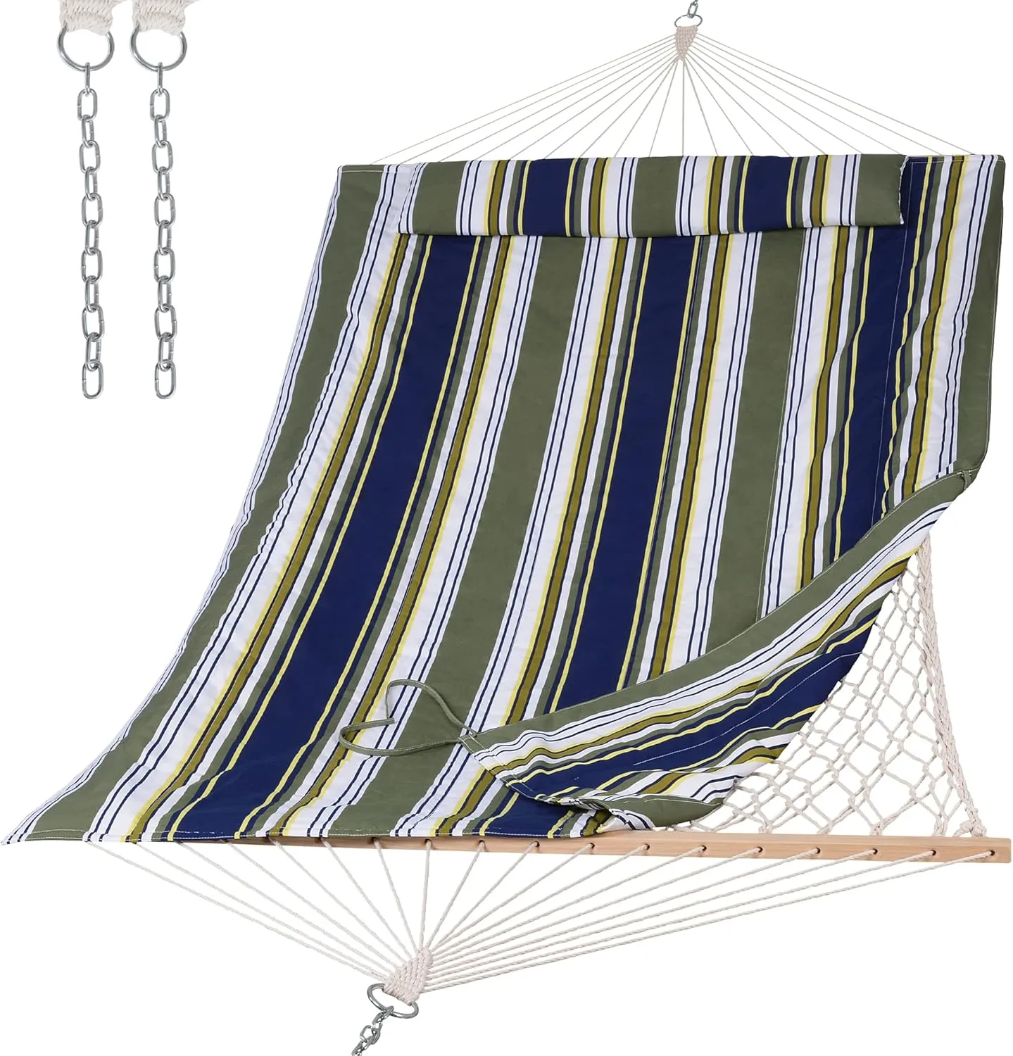 SUNCREAT Hammocks Outdoor Double Hammock with Hardwood Spreader Bar, Cotton Rope Hammock with Polyester Pad, Blue&Aqua
