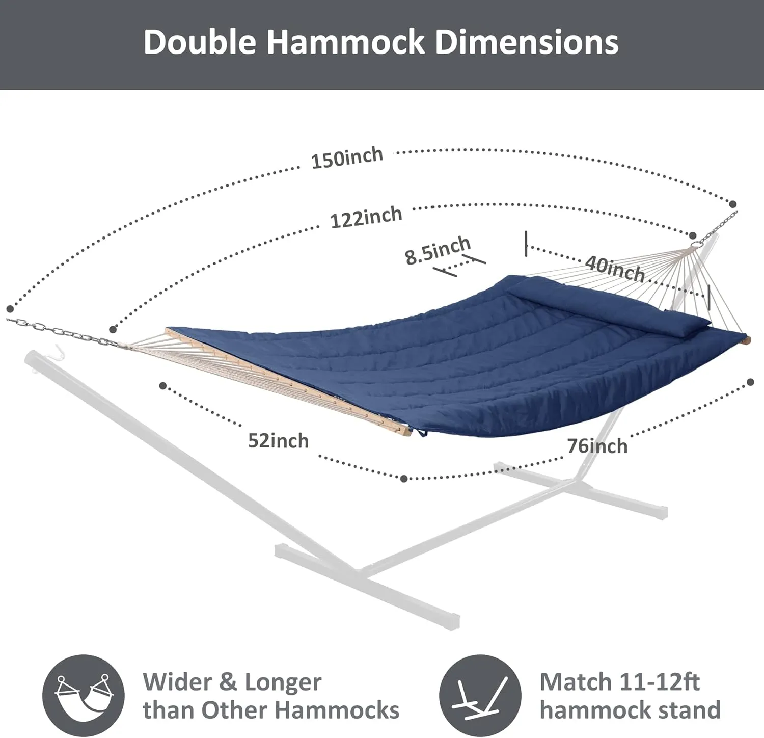SUNCREAT Hammocks Outdoor Double Hammock with Hardwood Spreader Bar, Heavy Duty Cotton Rope Hammock with Polyester Pad, Dark Blue