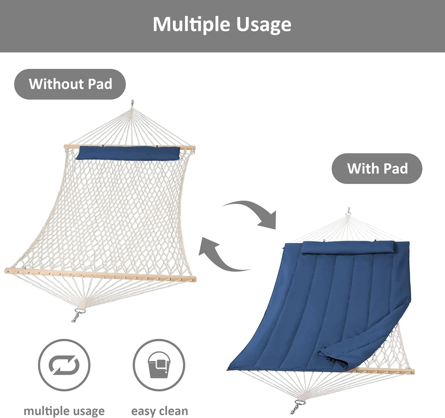 SUNCREAT Hammocks Outdoor Double Hammock with Hardwood Spreader Bar, Heavy Duty Cotton Rope Hammock with Polyester Pad, Dark Blue