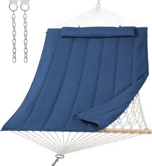 SUNCREAT Hammocks Outdoor Double Hammock with Hardwood Spreader Bar, Heavy Duty Cotton Rope Hammock with Polyester Pad, Dark Blue