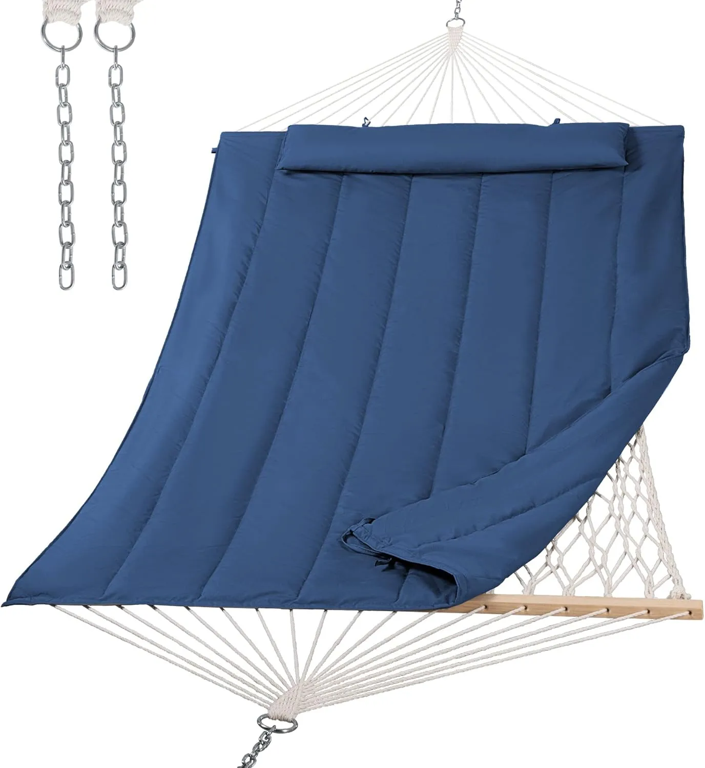 SUNCREAT Hammocks Outdoor Double Hammock with Hardwood Spreader Bar, Heavy Duty Cotton Rope Hammock with Polyester Pad, Dark Blue