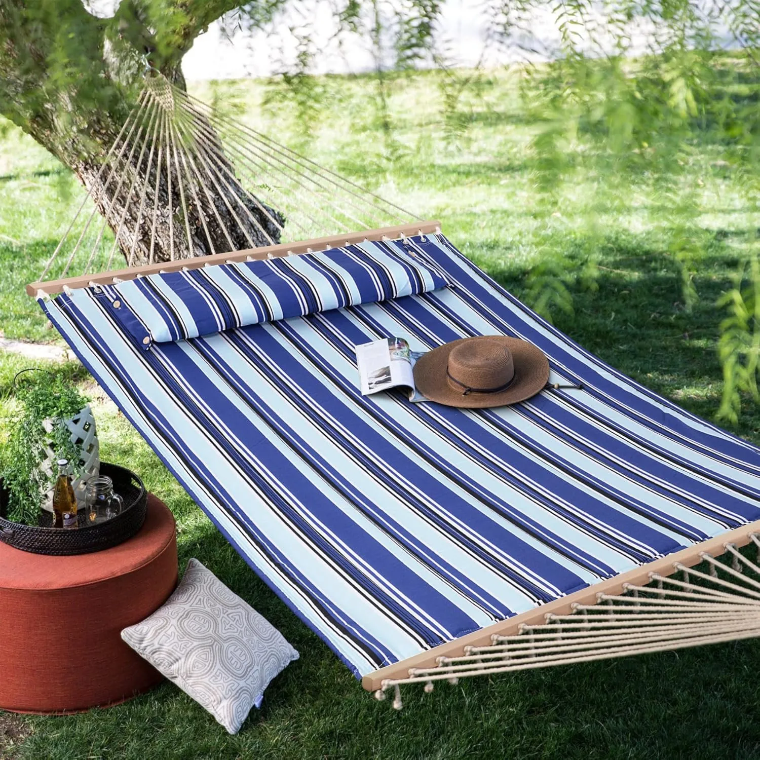 SUNCREAT Hammocks Quilted Fabric Hammock, Double Hammock with Spreader Bar, Soft Pillow, Max 475lbs Capacity, Blue Stripes