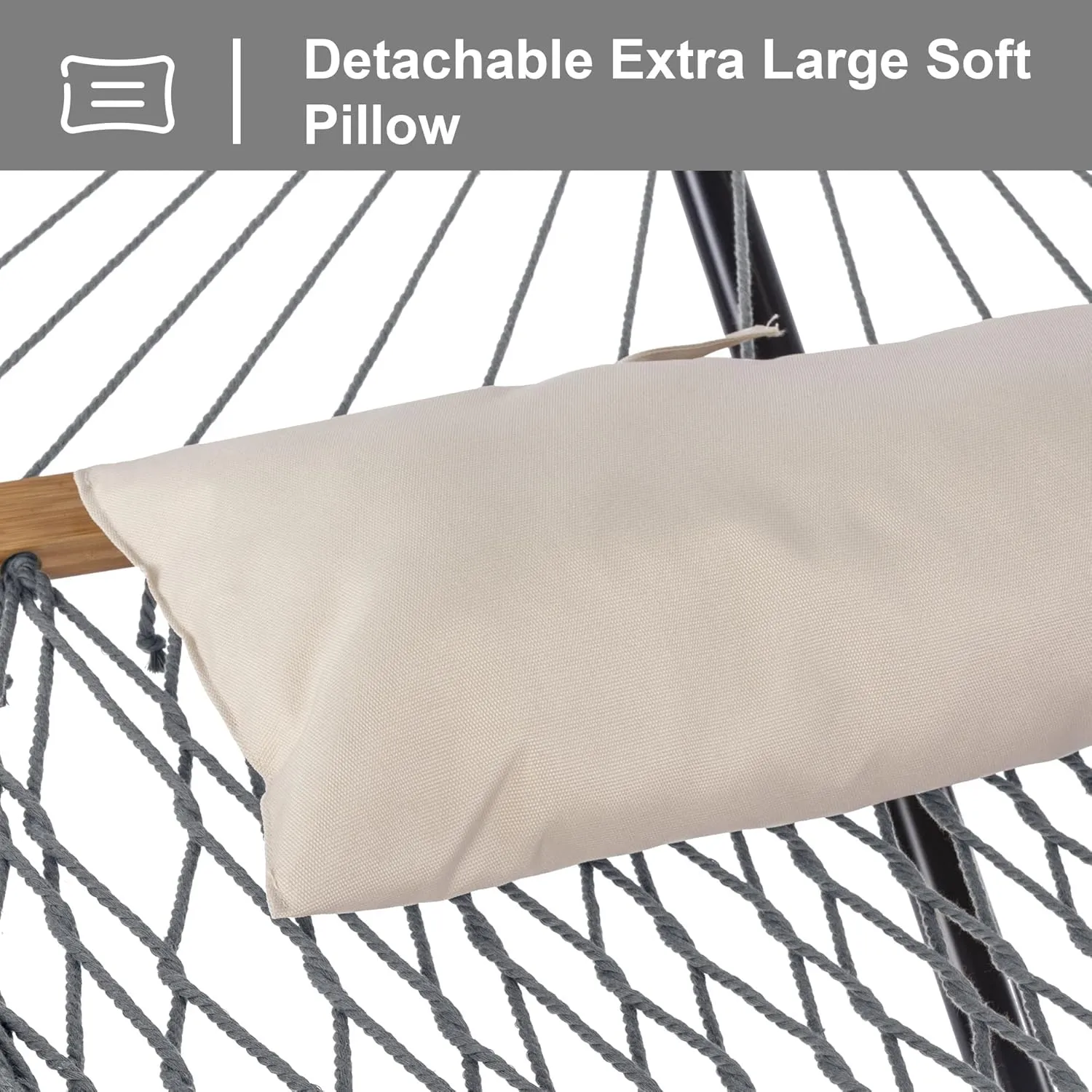 SUNCREAT Rope Hammock with Stand Included, Portable Double Hammock with Soft Pillow, Gray