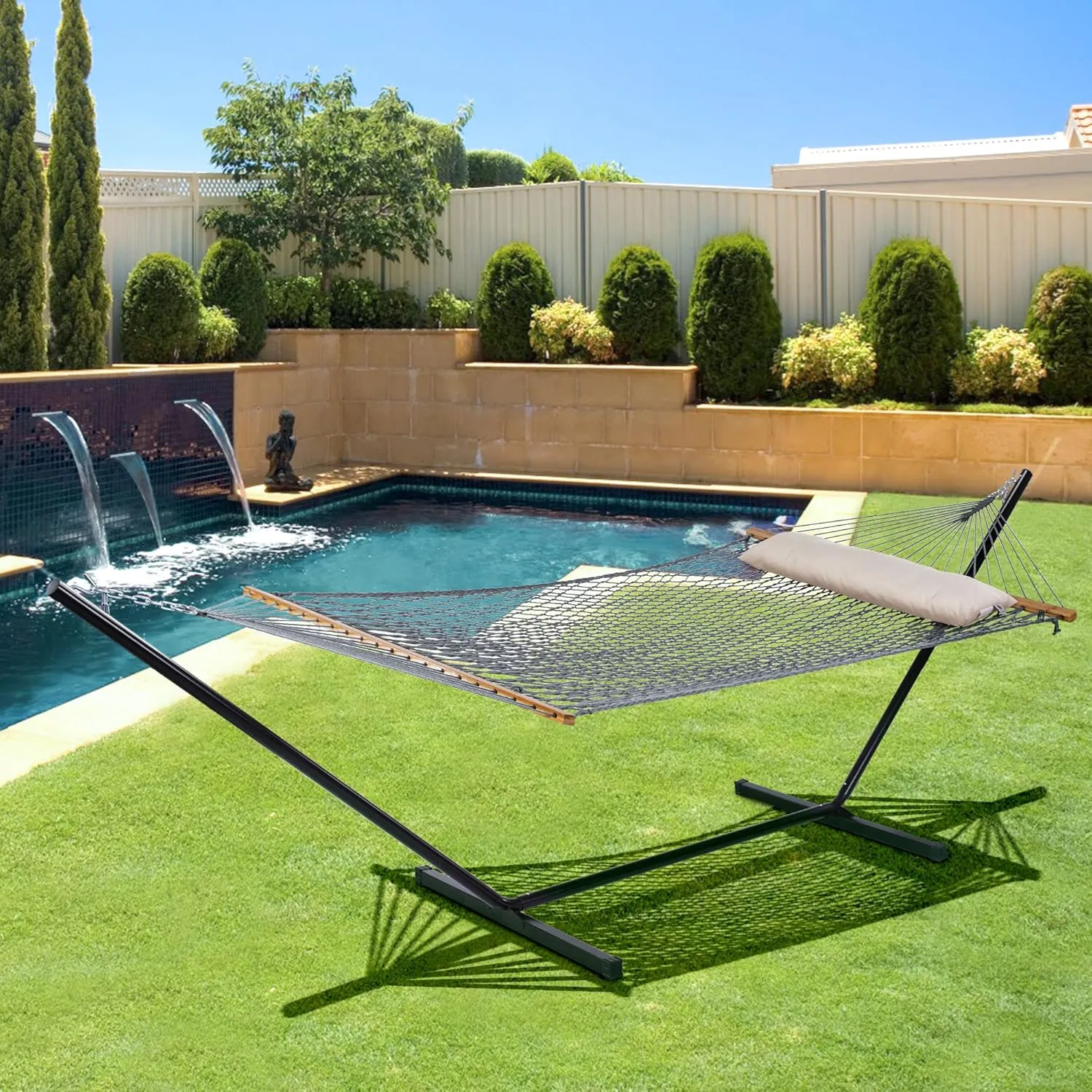 SUNCREAT Rope Hammock with Stand Included, Portable Double Hammock with Soft Pillow, Gray