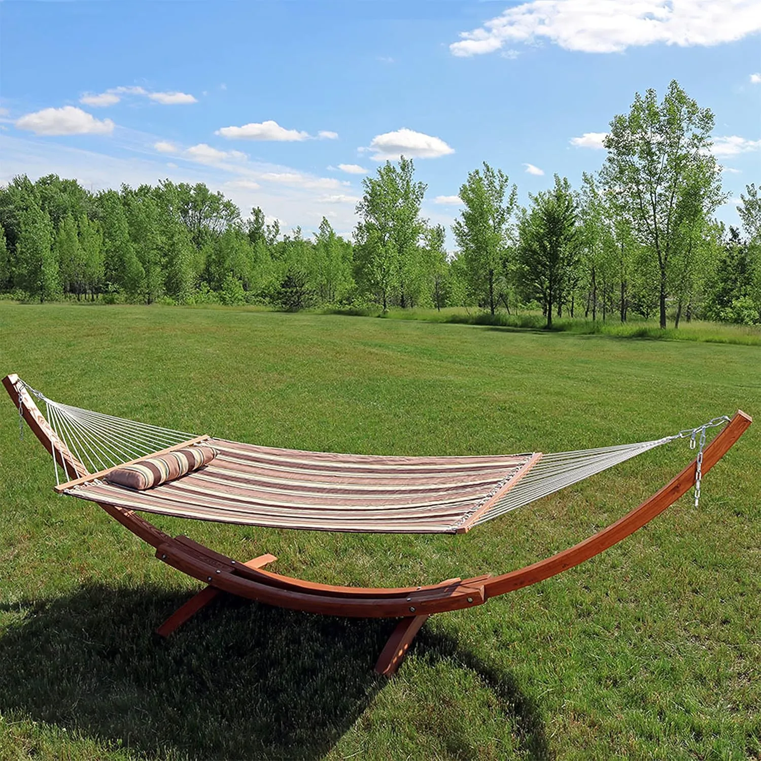 Sunnydaze Double Quilted Fabric Hammock with 13-Foot Curved Arc Wood Stand - 400-Pound Capacity - Sandy Beach