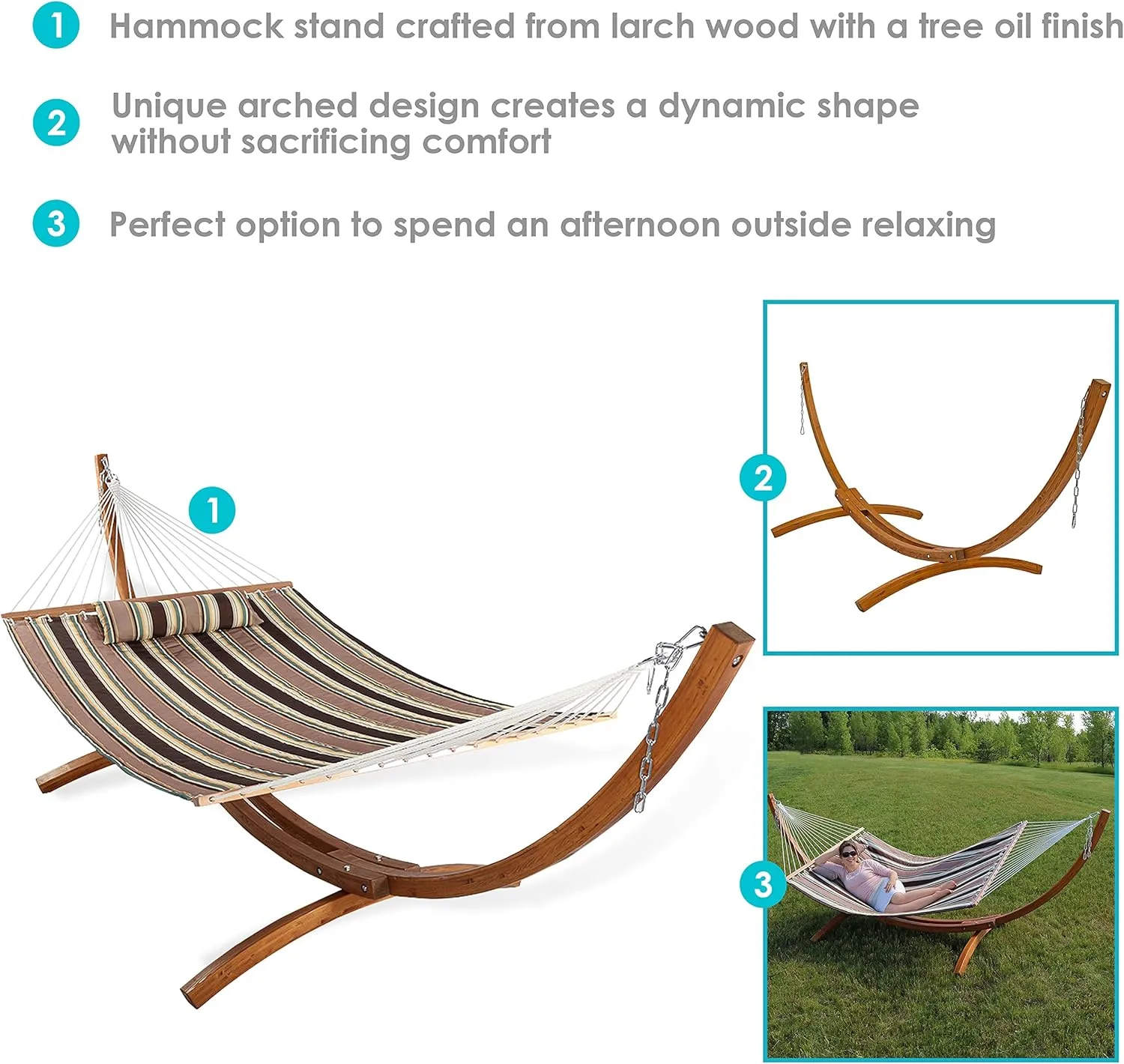 Sunnydaze Double Quilted Fabric Hammock with 13-Foot Curved Arc Wood Stand - 400-Pound Capacity - Sandy Beach