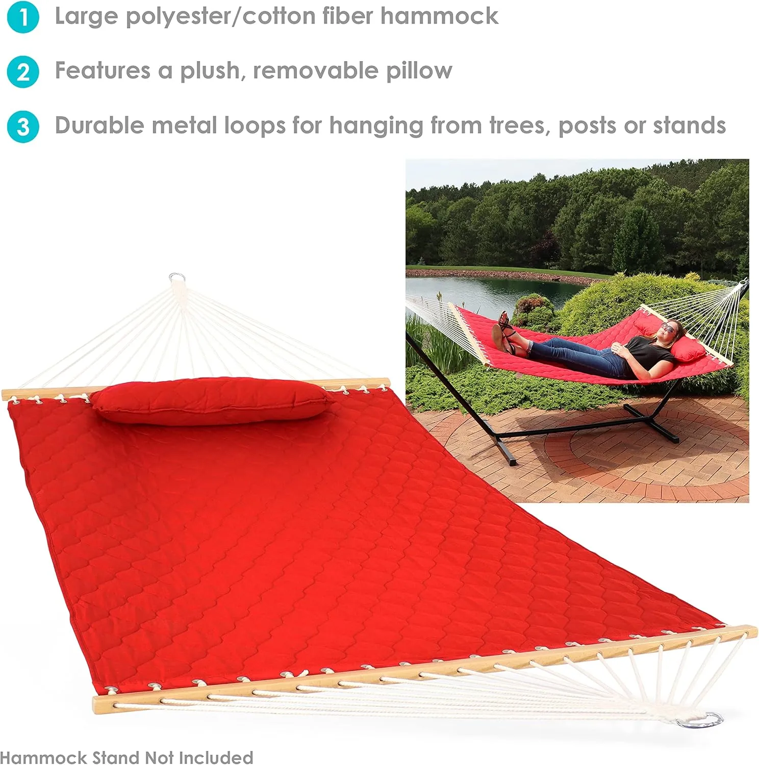 Sunnydaze Double Quilted Polyester Hammock with Detachable Pillow - 440-Pound Capacity - Red