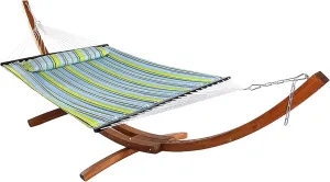 Sunnydaze Quilted Double Fabric Hammock with 13-Foot Curved Arc Wood Stand - 400 Pound Capacity - Blue and Green