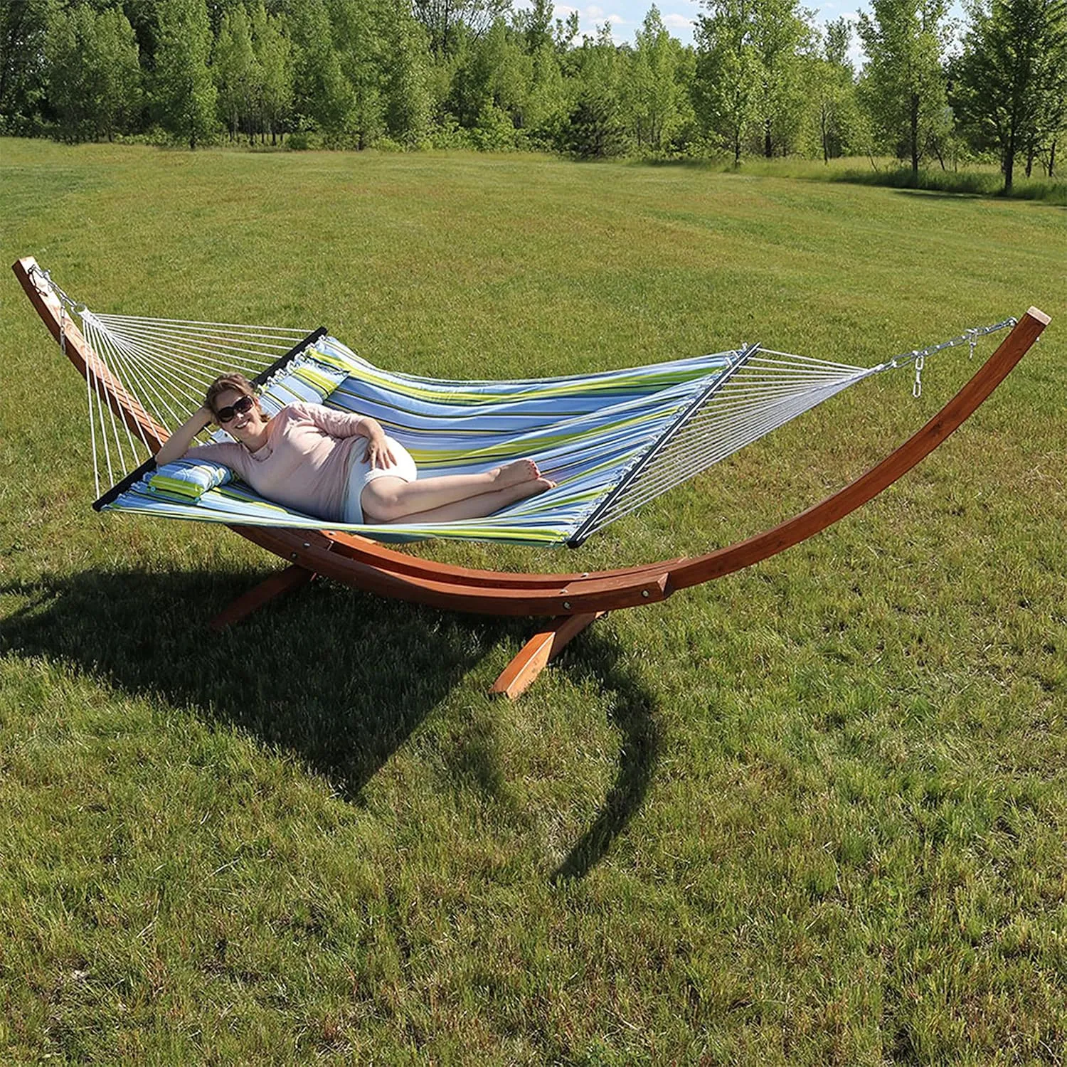 Sunnydaze Quilted Double Fabric Hammock with 13-Foot Curved Arc Wood Stand - 400 Pound Capacity - Blue and Green