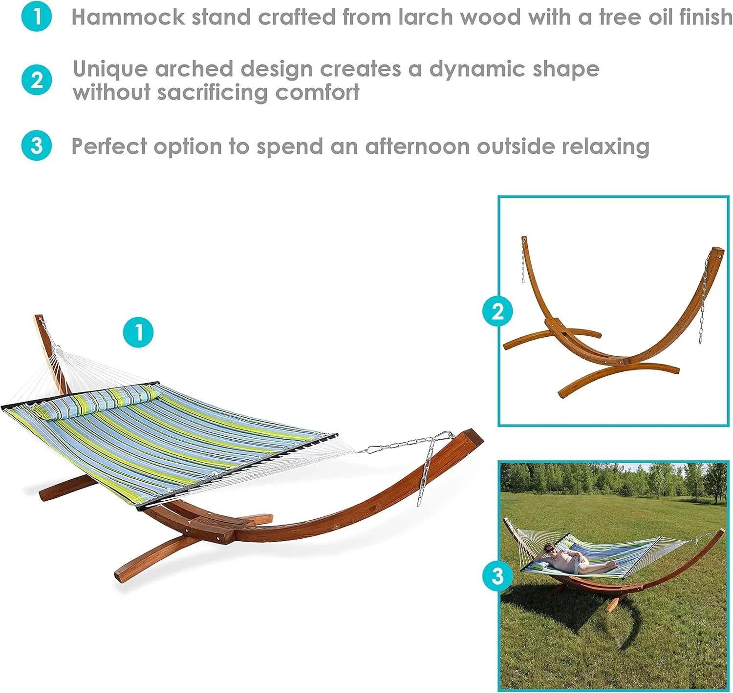 Sunnydaze Quilted Double Fabric Hammock with 13-Foot Curved Arc Wood Stand - 400 Pound Capacity - Blue and Green