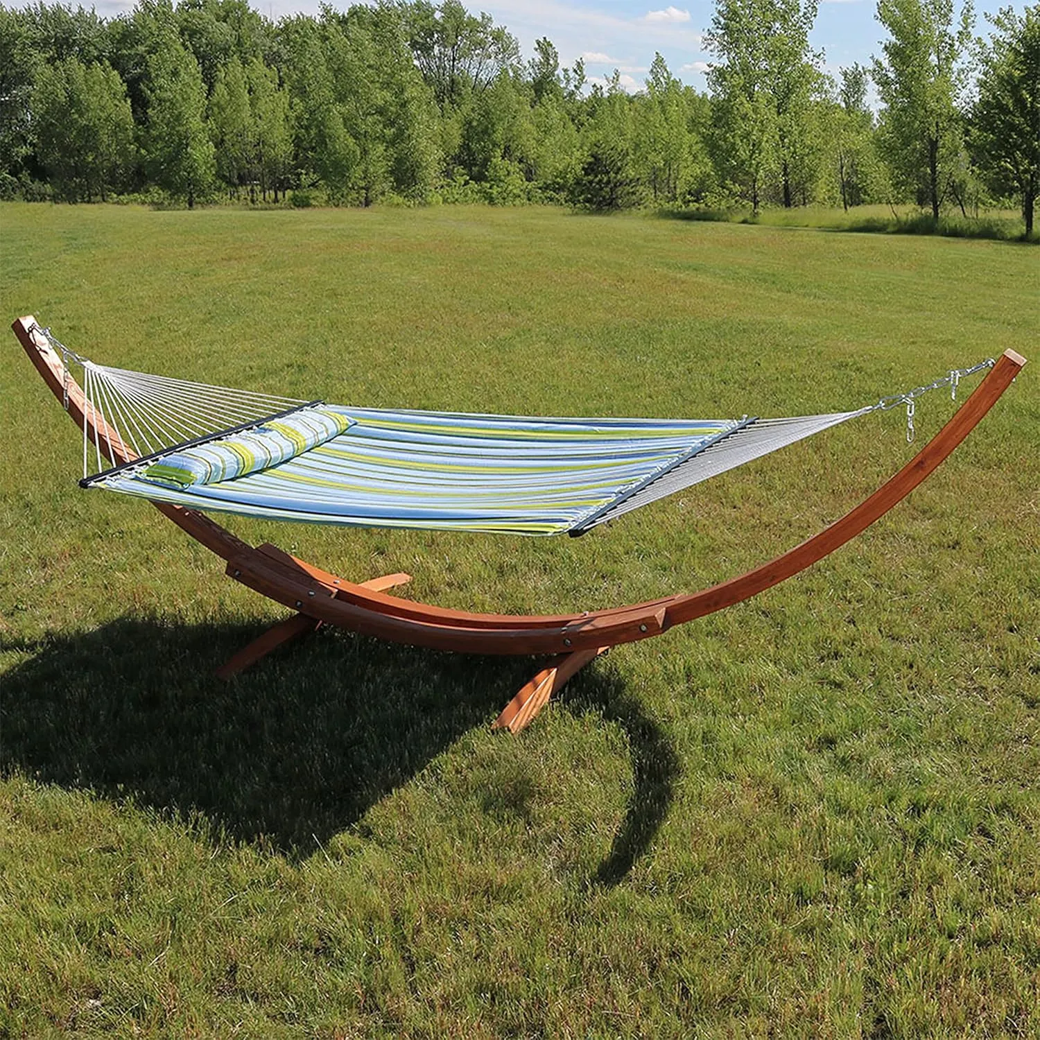Sunnydaze Quilted Double Fabric Hammock with 13-Foot Curved Arc Wood Stand - 400 Pound Capacity - Blue and Green