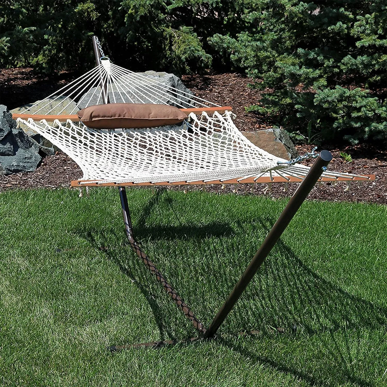 Sunnydaze Rope Hammock with 12-Foot Stand and Hammock Pad - 275-Pound Capacity - Desert Stripe
