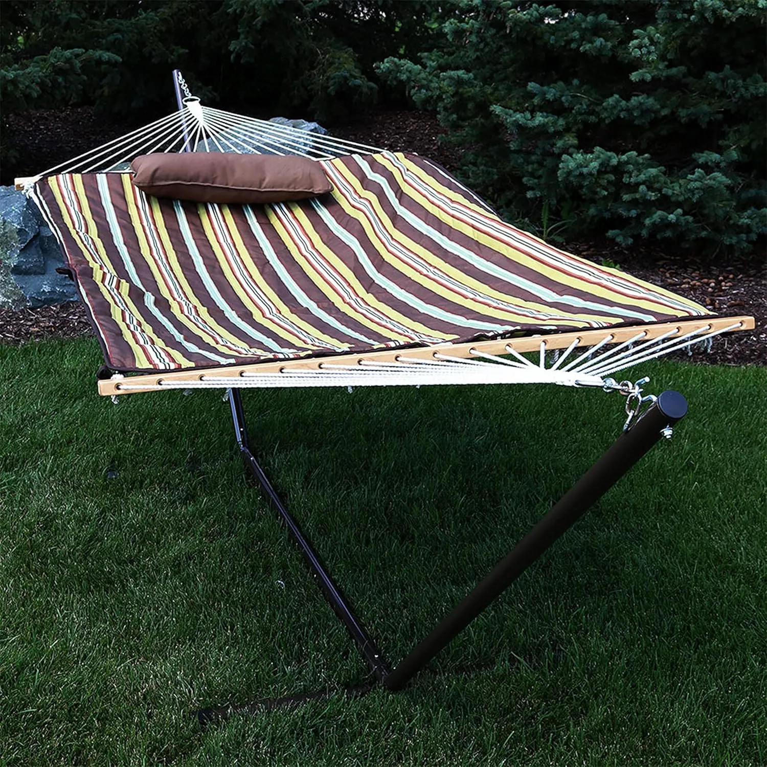 Sunnydaze Rope Hammock with 12-Foot Stand and Hammock Pad - 275-Pound Capacity - Desert Stripe