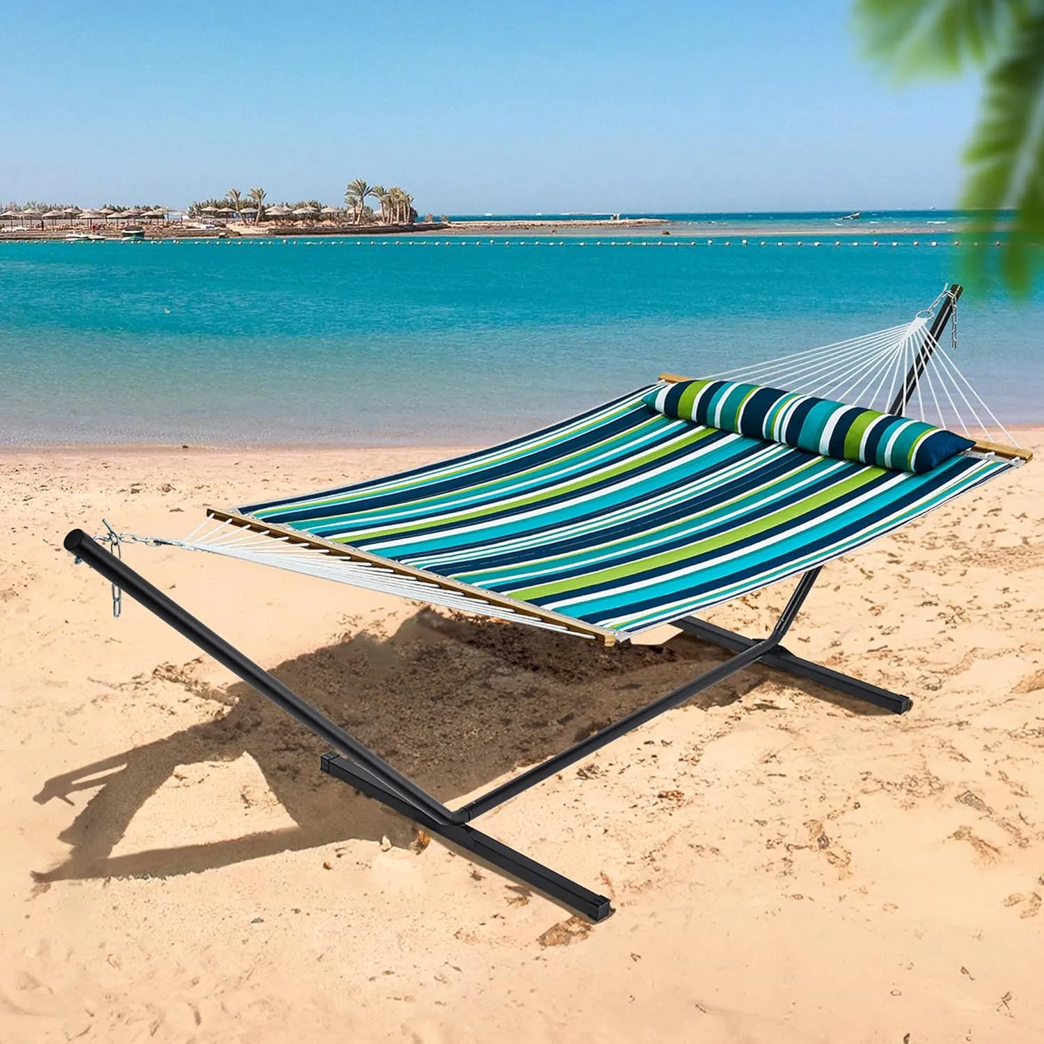SUPERJARE Hammock with Stand, 2 Person Quilted Outdoor Hammock, Detachable Pillow & Bamboo Spreaders, Portable Hammock with Carrying Bag, Heavy Duty Stand, Perfect for Outside, Patio, Dark Cyan