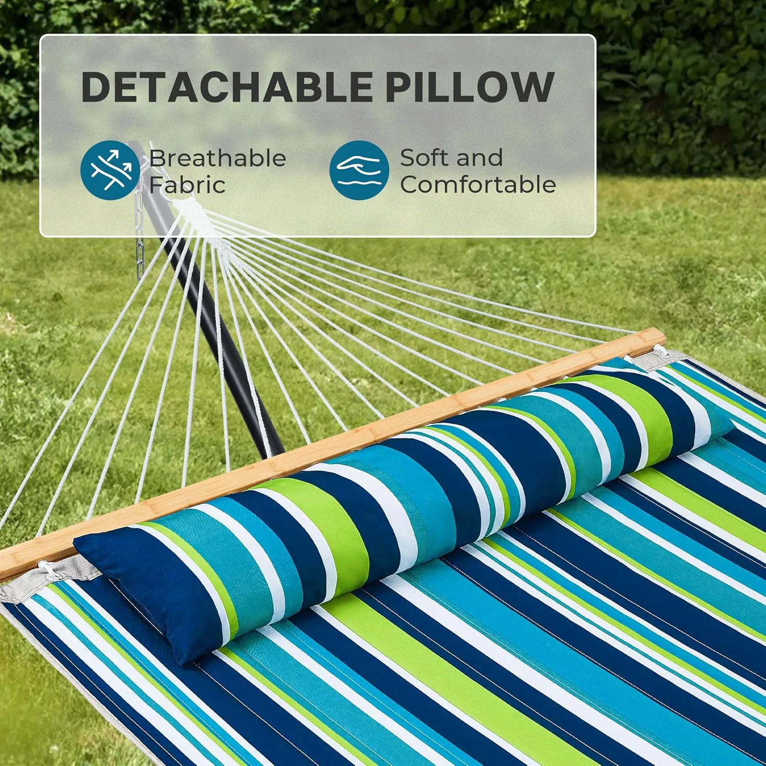 SUPERJARE Hammock with Stand, 2 Person Quilted Outdoor Hammock, Detachable Pillow & Bamboo Spreaders, Portable Hammock with Carrying Bag, Heavy Duty Stand, Perfect for Outside, Patio, Dark Cyan