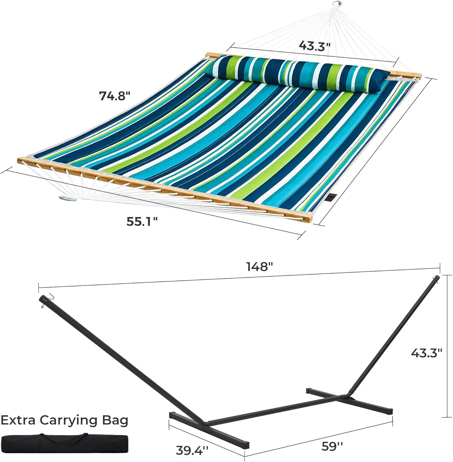 SUPERJARE Hammock with Stand, 2 Person Quilted Outdoor Hammock, Detachable Pillow & Bamboo Spreaders, Portable Hammock with Carrying Bag, Heavy Duty Stand, Perfect for Outside, Patio, Dark Cyan