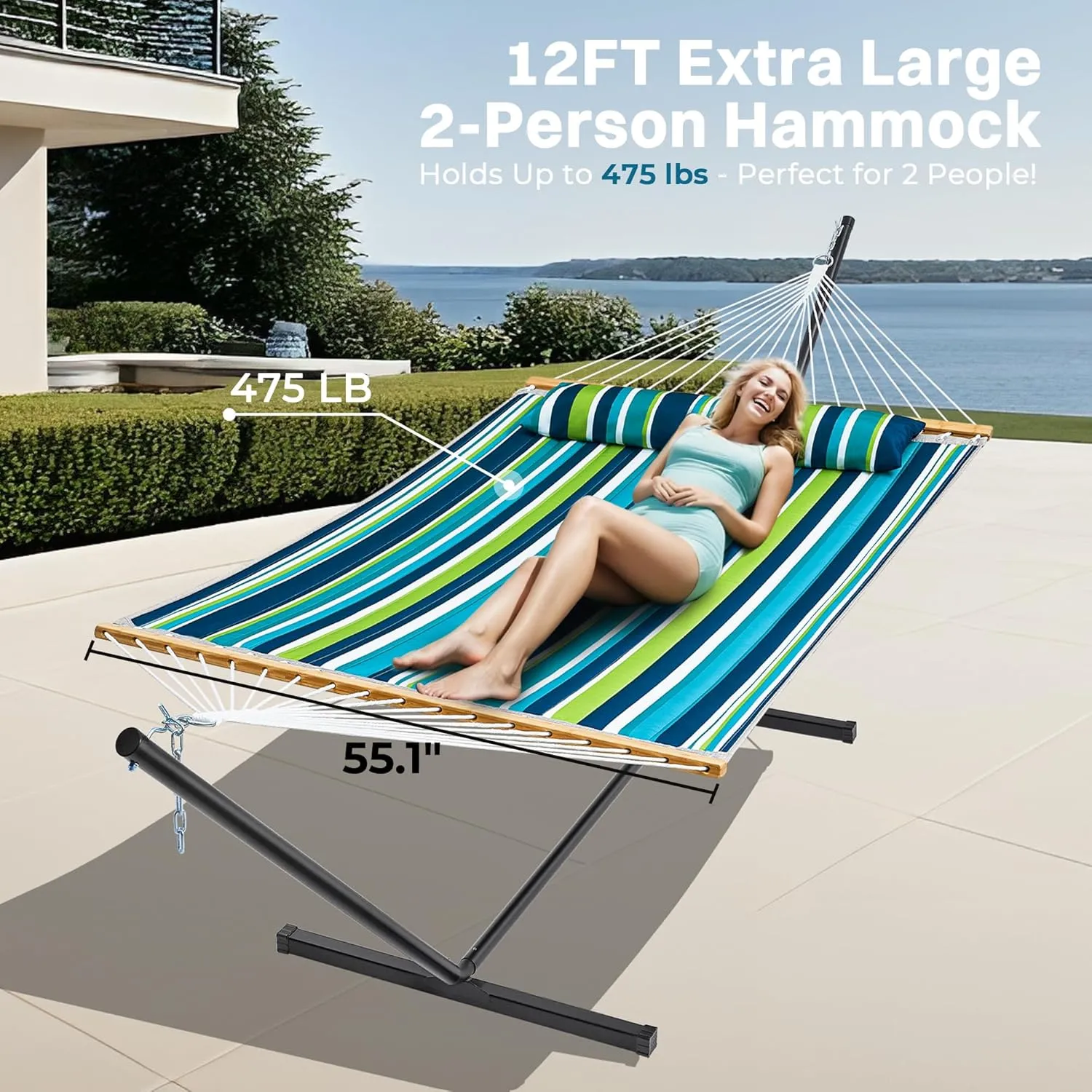 SUPERJARE Hammock with Stand, 2 Person Quilted Outdoor Hammock, Detachable Pillow & Bamboo Spreaders, Portable Hammock with Carrying Bag, Heavy Duty Stand, Perfect for Outside, Patio, Dark Cyan