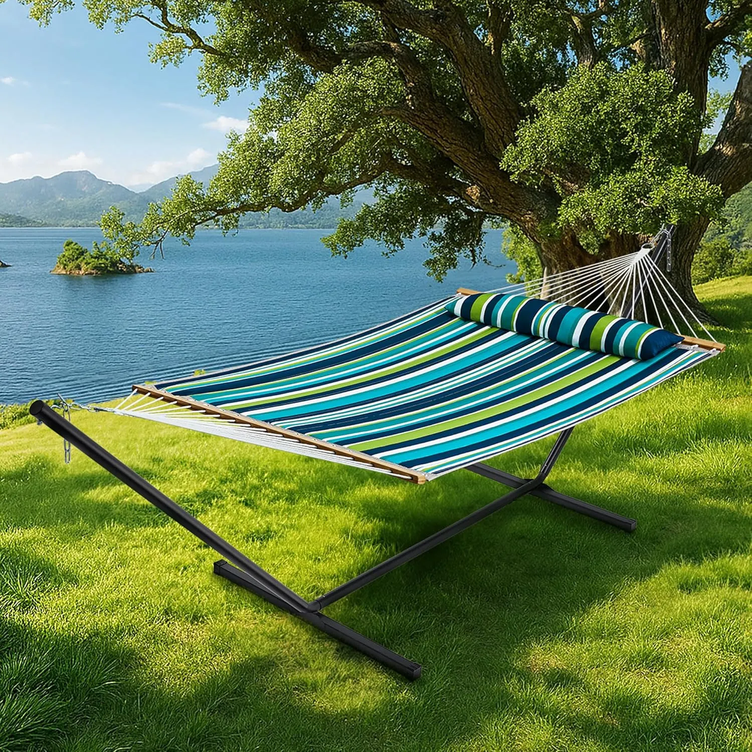 SUPERJARE Hammock with Stand, 2 Person Quilted Outdoor Hammock, Detachable Pillow & Bamboo Spreaders, Portable Hammock with Carrying Bag, Heavy Duty Stand, Perfect for Outside, Patio, Dark Cyan