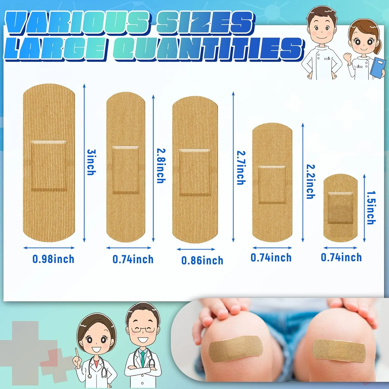Supervitae 500 Pcs Adhesive Bandages Assorted Sizes Flexible Breathable Bandages Patch for Family First Aid Skin Wrap Finger Wound(Fabric,Natural)