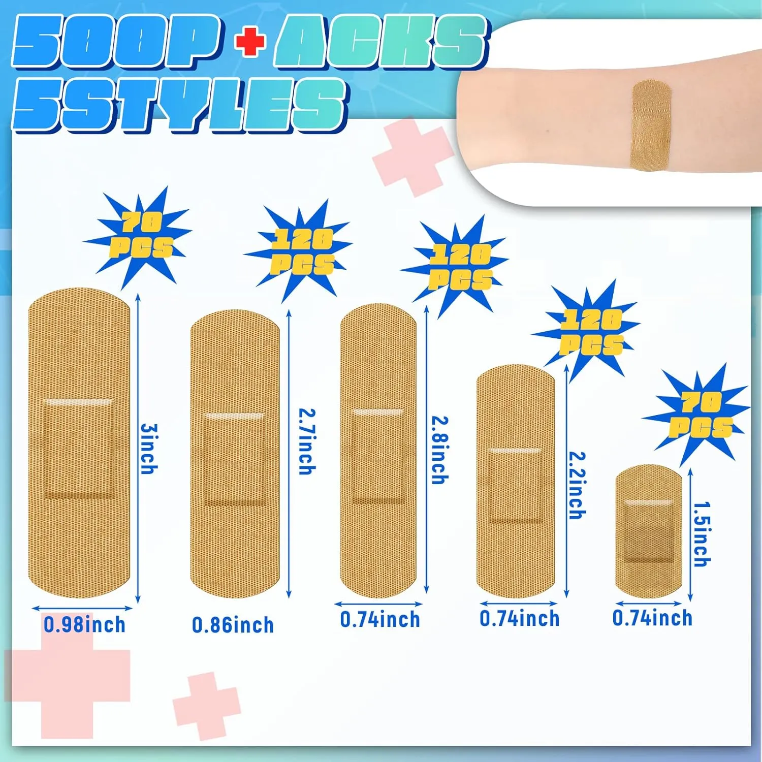 Supervitae 500 Pcs Adhesive Bandages Assorted Sizes Flexible Breathable Bandages Patch for Family First Aid Skin Wrap Finger Wound(Fabric,Natural)