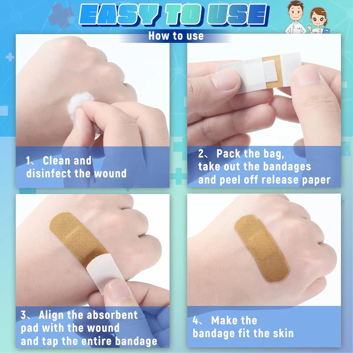 Supervitae 500 Pcs Adhesive Bandages Assorted Sizes Flexible Breathable Bandages Patch for Family First Aid Skin Wrap Finger Wound(Fabric,Natural)