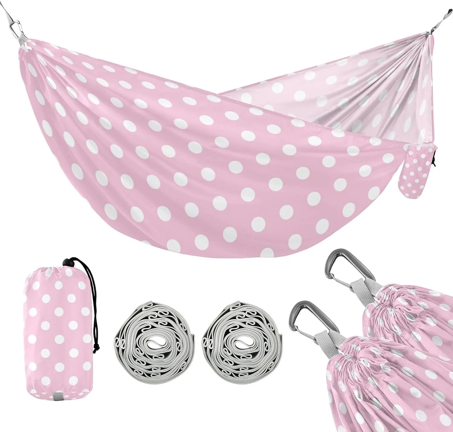 susiyo Portable Camping Hammock White Polka Dot Pink Printed Lightweight Hammock Comfortable Travel Swing with Tree Straps for Camping Hiking Backpacking Travel or Beach - Up to 330lbs