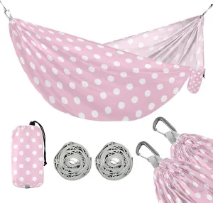 susiyo Portable Camping Hammock White Polka Dot Pink Printed Lightweight Hammock Comfortable Travel Swing with Tree Straps for Camping Hiking Backpacking Travel or Beach - Up to 330lbs