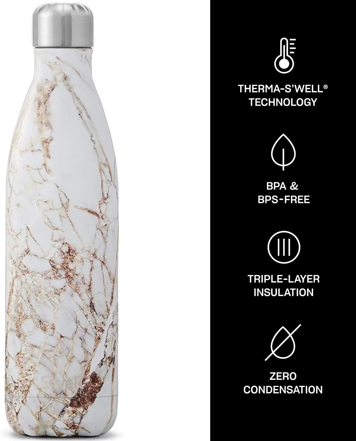 S'well Steel Water Bottle-25 Calacatta Gold-Triple-Layered Vacuum-Insulated Containers Keeps Drinks Cold for 48 Hours and Hot for 24-BPA-Free-Perfect for the Go, 25 fl oz