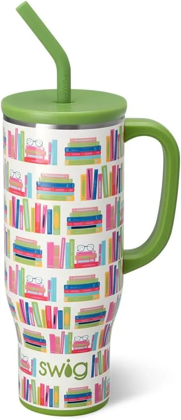 Swig Life 30oz Mega Mug, 30oz Tumbler with Handle and Straw, Large Insulated Tumblers, Cup Holder Friendly Travel Mug, Stainless Steel 30 oz Tumbler, Reusable Insulated Water Bottle (Book Club)