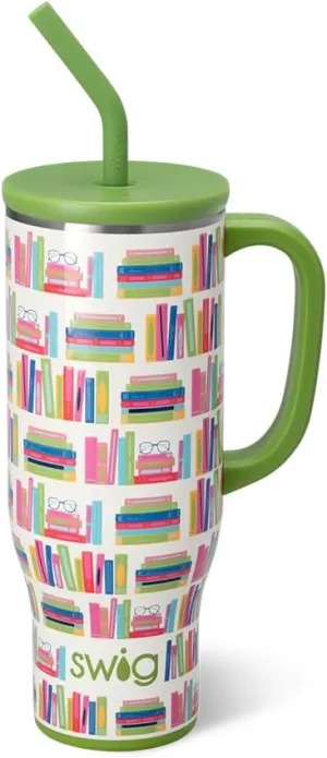 Swig Life 30oz Mega Mug, 30oz Tumbler with Handle and Straw, Large Insulated Tumblers, Cup Holder Friendly Travel Mug, Stainless Steel 30 oz Tumbler, Reusable Insulated Water Bottle (Book Club)