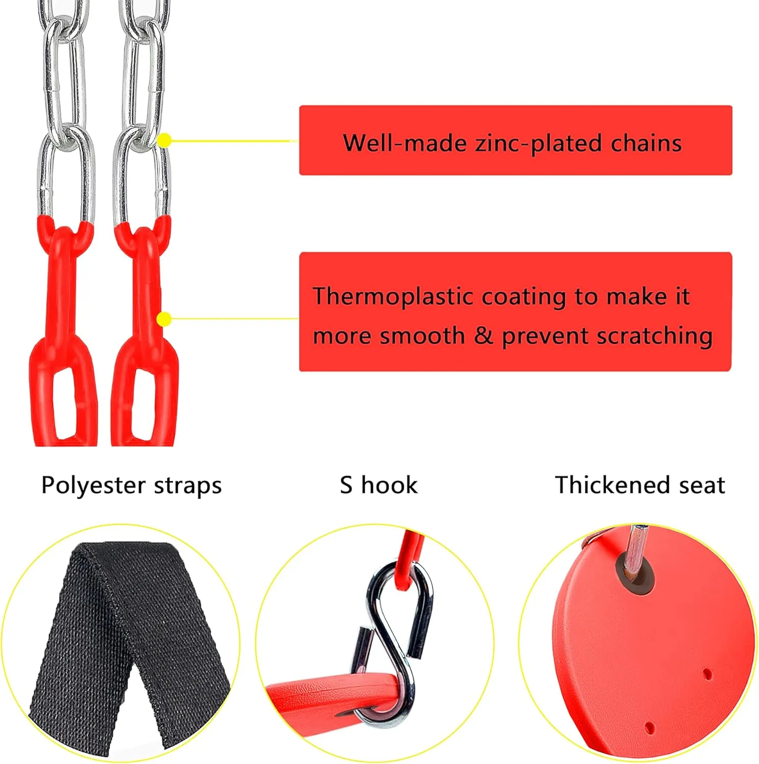 Swing Seat, 66" Heavy Duty Coated Iron Chain Sensory Swing, Therapy Swing Seat,Outdoor Playground Swing Set Accessories with Snap Hooks and Hanging Straps(Red)
