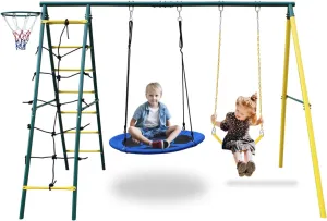 Swing Sets for Backyard 5 in 1 Multifunction Kids Swing Set with Heavy Duty Swing Frame, Saucer Swing, Belt Swing, Climbing Rope, Climbing Ladder, Basketball Hoop