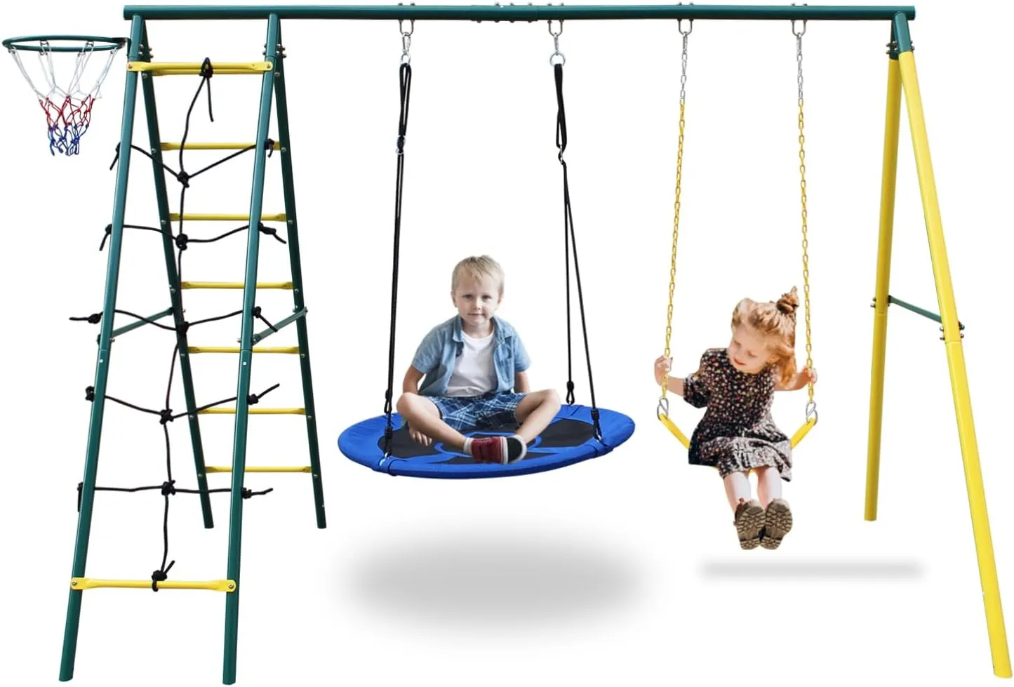 Swing Sets for Backyard 5 in 1 Multifunction Kids Swing Set with Heavy Duty Swing Frame, Saucer Swing, Belt Swing, Climbing Rope, Climbing Ladder, Basketball Hoop