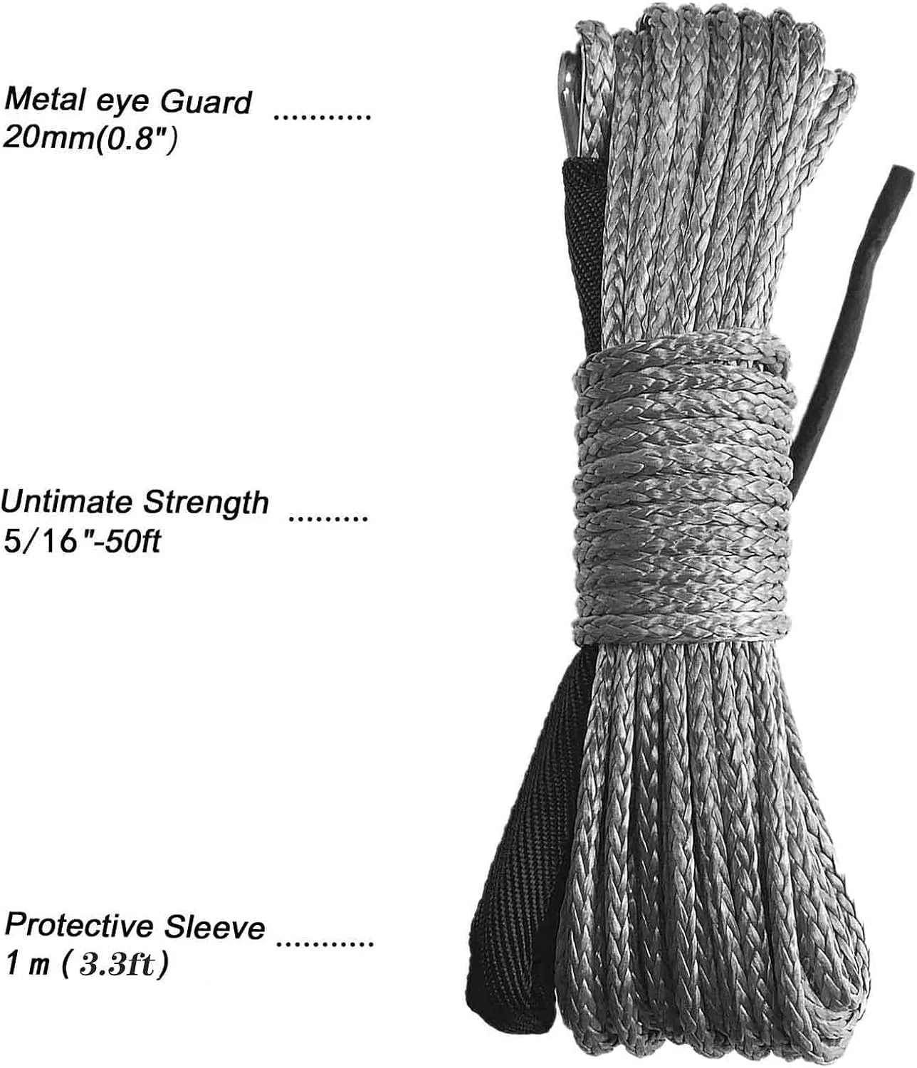 Synthetic Winch Rope 5/16 Inch x 50 ft 8300LBs with Black Protecing Sleeve for ATV UTV SUV Winches Line Cable Rope(Gray)
