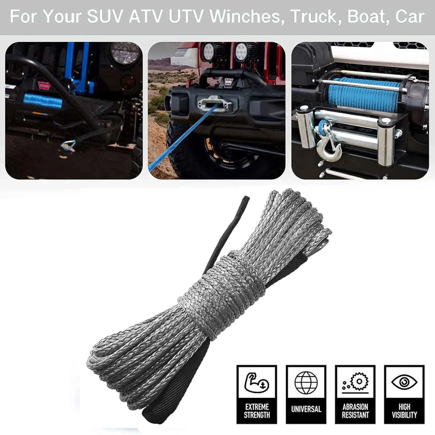 Synthetic Winch Rope 5/16 Inch x 50 ft 8300LBs with Black Protecing Sleeve for ATV UTV SUV Winches Line Cable Rope(Gray)