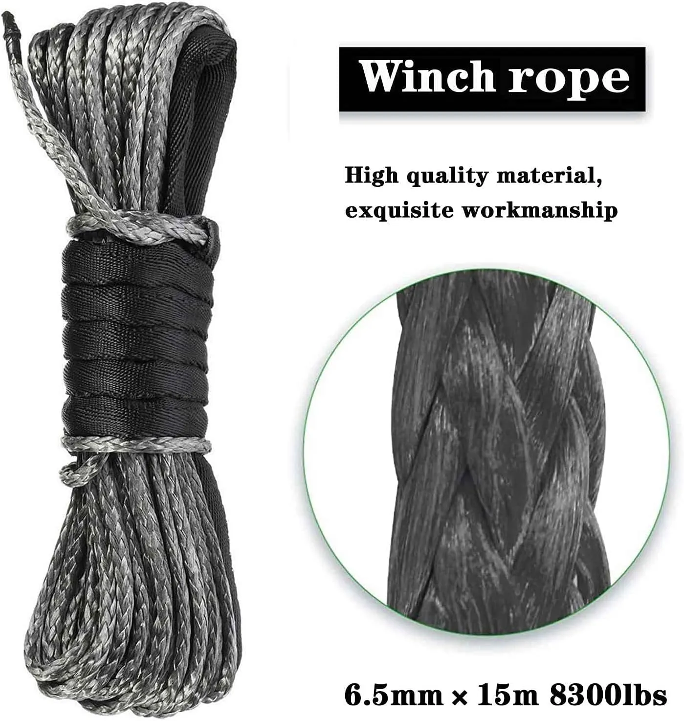 Synthetic Winch Rope 5/16 Inch x 50 ft 8300LBs with Black Protecing Sleeve for ATV UTV SUV Winches Line Cable Rope(Gray)