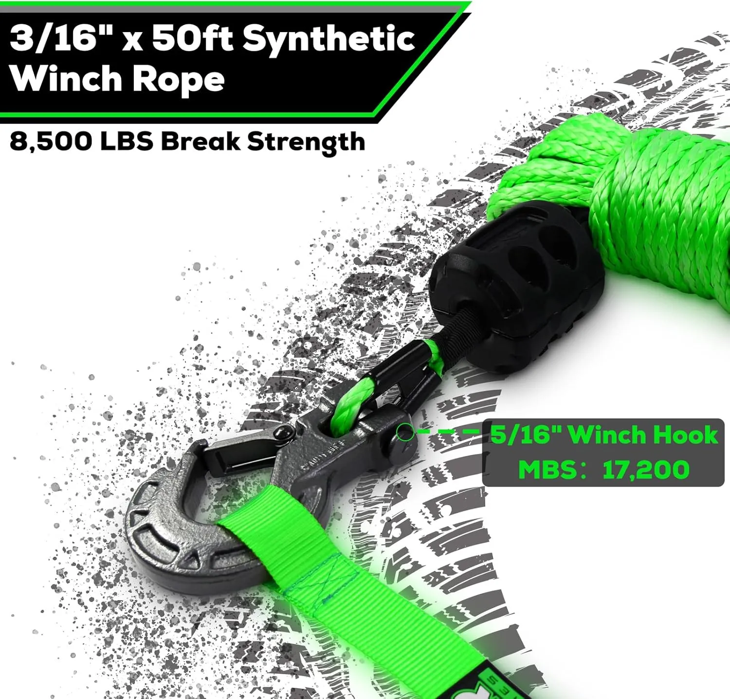 Synthetic Winch Rope Cable Kit, 3/16" x 50ft 8500LBS Green Winch Rope with Protective Sleeve, Forged Winch Hook, Rubber Stopper and Safety Pull Strap for ATV UTV