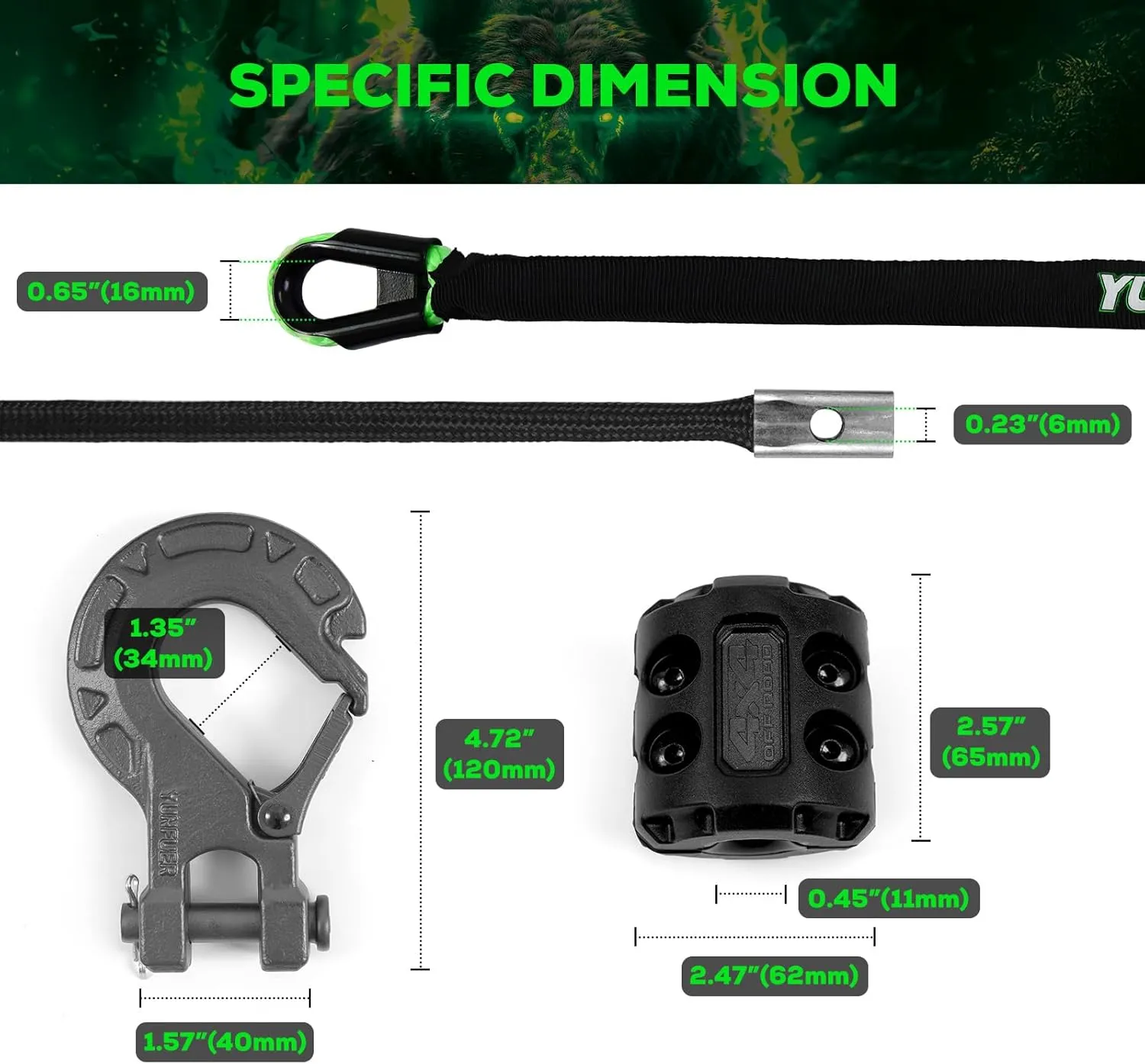 Synthetic Winch Rope Cable Kit, 3/16" x 50ft 8500LBS Green Winch Rope with Protective Sleeve, Forged Winch Hook, Rubber Stopper and Safety Pull Strap for ATV UTV