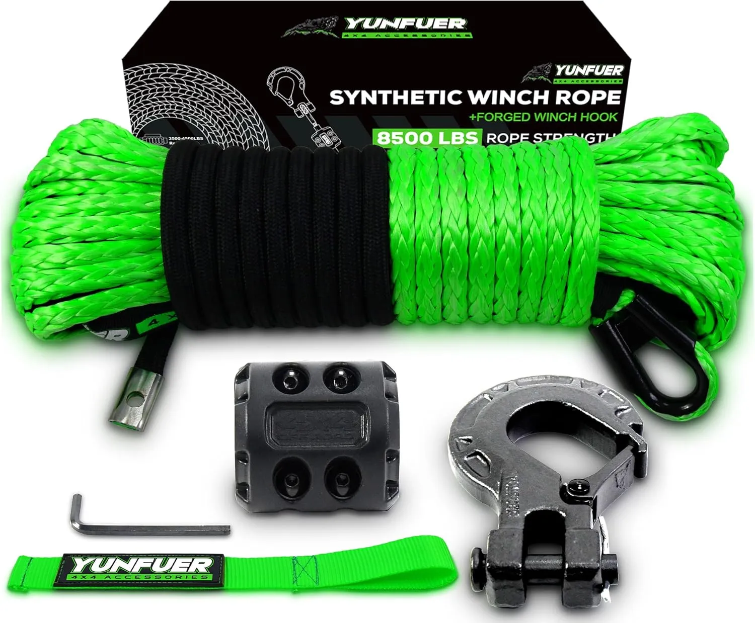 Synthetic Winch Rope Cable Kit, 3/16" x 50ft 8500LBS Green Winch Rope with Protective Sleeve, Forged Winch Hook, Rubber Stopper and Safety Pull Strap for ATV UTV